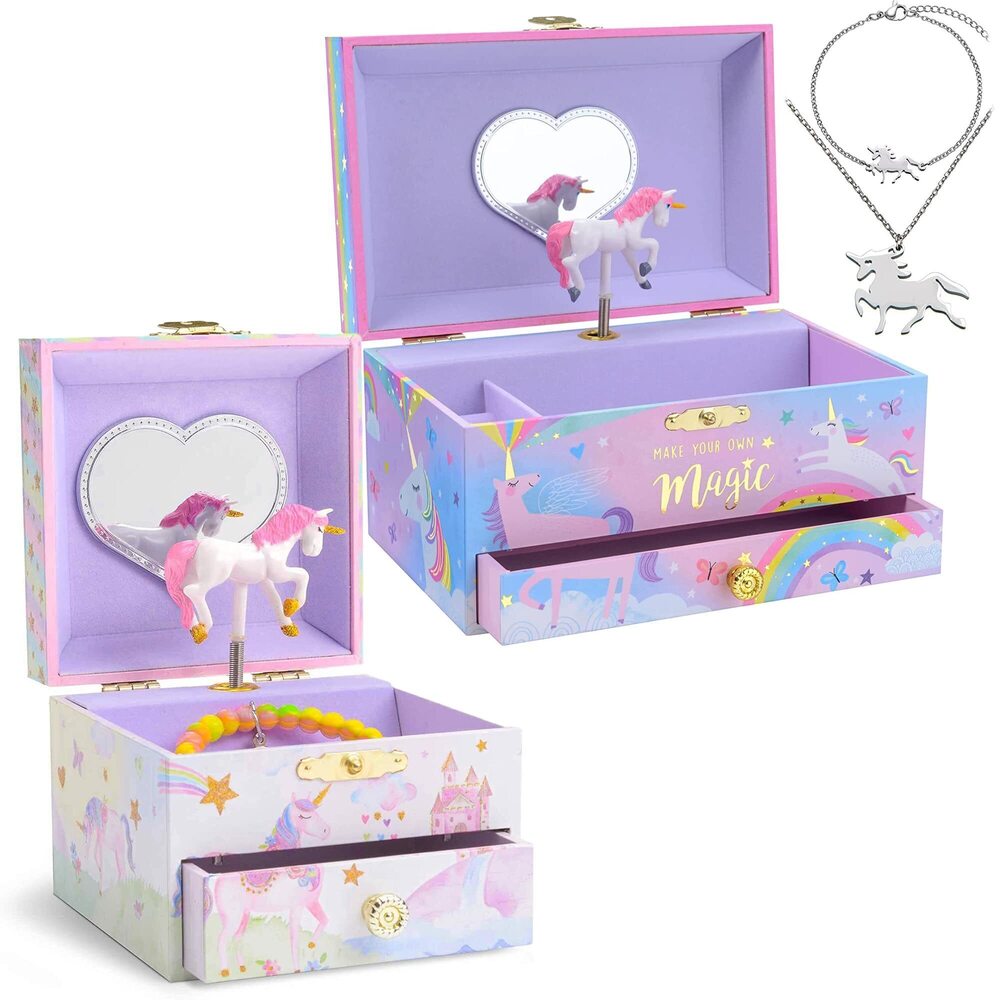 1187 Unicorn Music Box & Little Girls Jewelry Set - 3 Unicorn Gifts Bundle